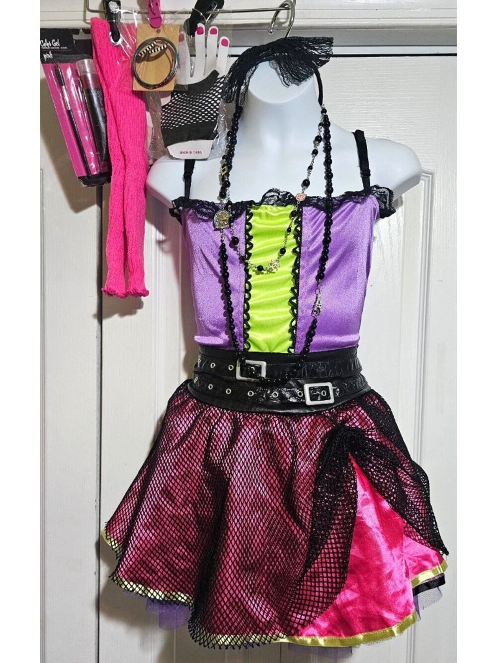 80s Pop Star Costume Girls 8-10 Dress Tutu Leg Warmers Gloves Bow Madonna Retro